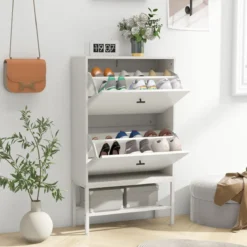 Schuhschrank mit 2 Klappen & 4 Ablageflächen & Offenem Regal Schuhkipper Schuhregal für 15 Paar Schuhe