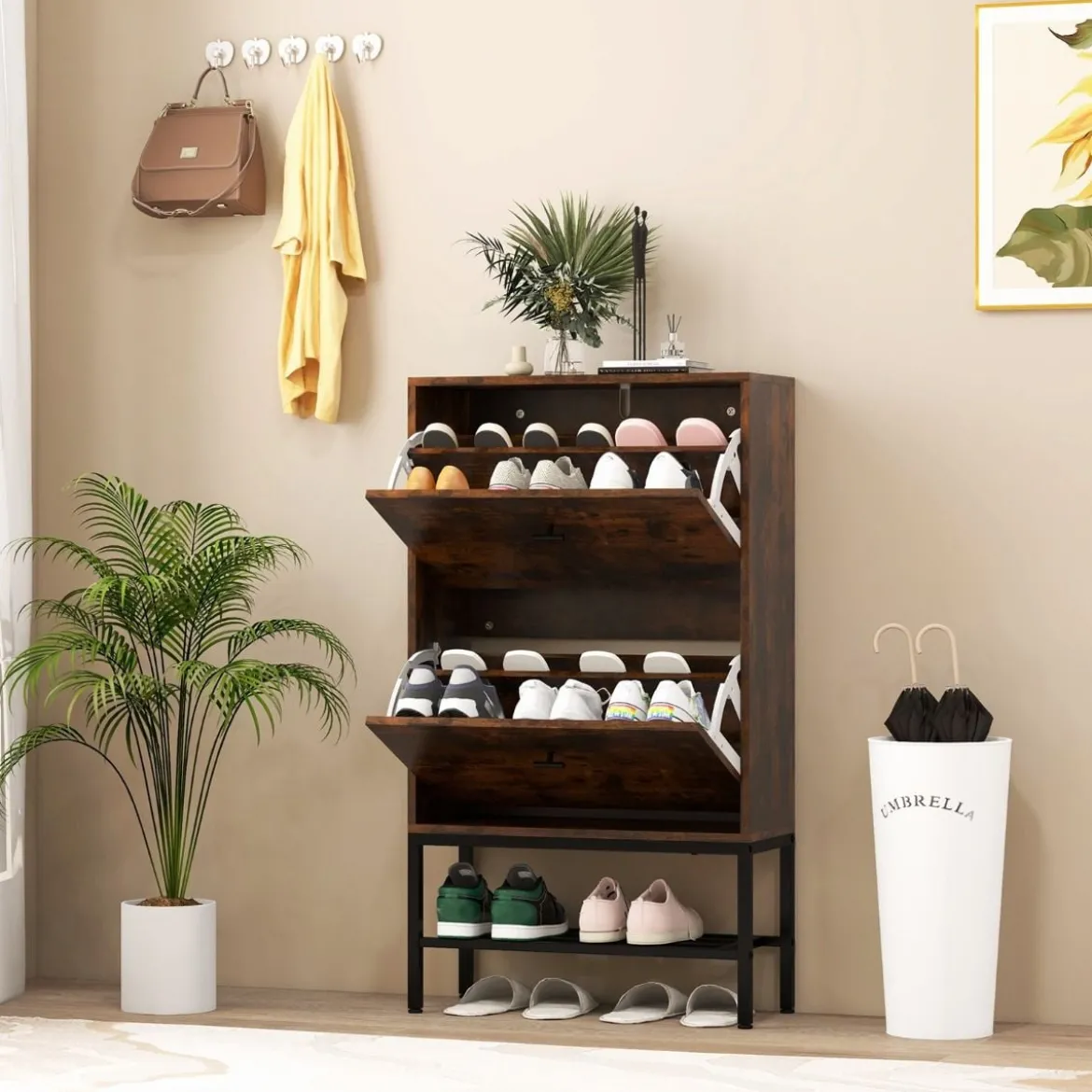 Schuhschrank mit 2 Klappen & 4 Ablageflächen & Offenem Regal Schuhkipper Schuhregal für 15 Paar Schuhe