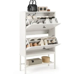 Schuhschrank mit 2 Klappen & 4 Ablageflächen & Offenem Regal Schuhkipper Schuhregal für 15 Paar Schuhe