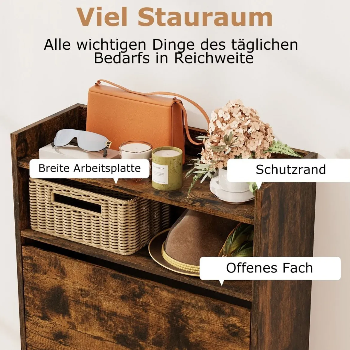 Schuhschrank mit 2 Klappfächern schlankes verstecktes Holz-Schuhregal Weiß/Rustikale Holzoptik
