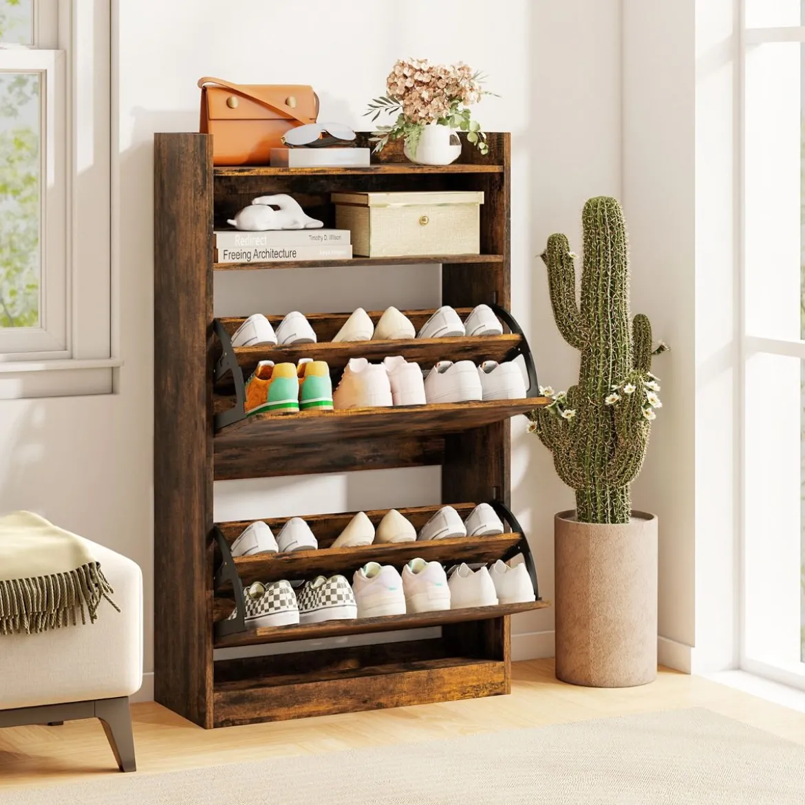 Schuhschrank mit 2 Klappfächern schlankes verstecktes Holz-Schuhregal Weiß/Rustikale Holzoptik