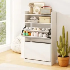 Schuhschrank mit 2 Klappfächern schlankes verstecktes Holz-Schuhregal Weiß/Rustikale Holzoptik