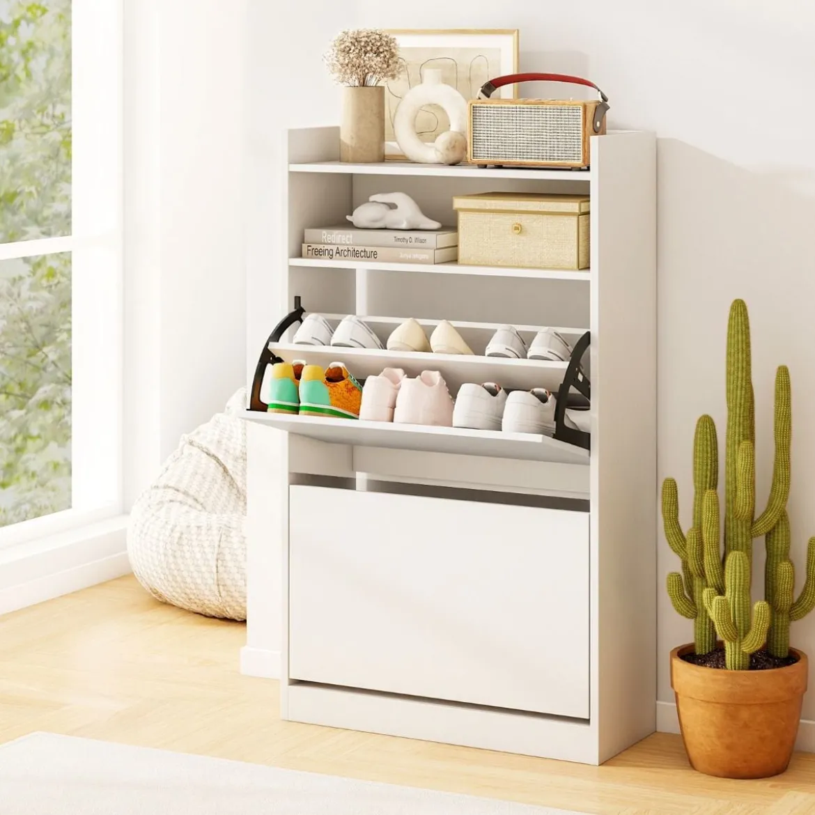 Schuhschrank mit 2 Klappfächern schlankes verstecktes Holz-Schuhregal Weiß/Rustikale Holzoptik