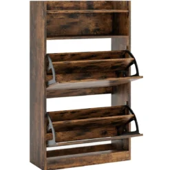 Schuhschrank mit 2 Klappfächern schlankes verstecktes Holz-Schuhregal Weiß/Rustikale Holzoptik