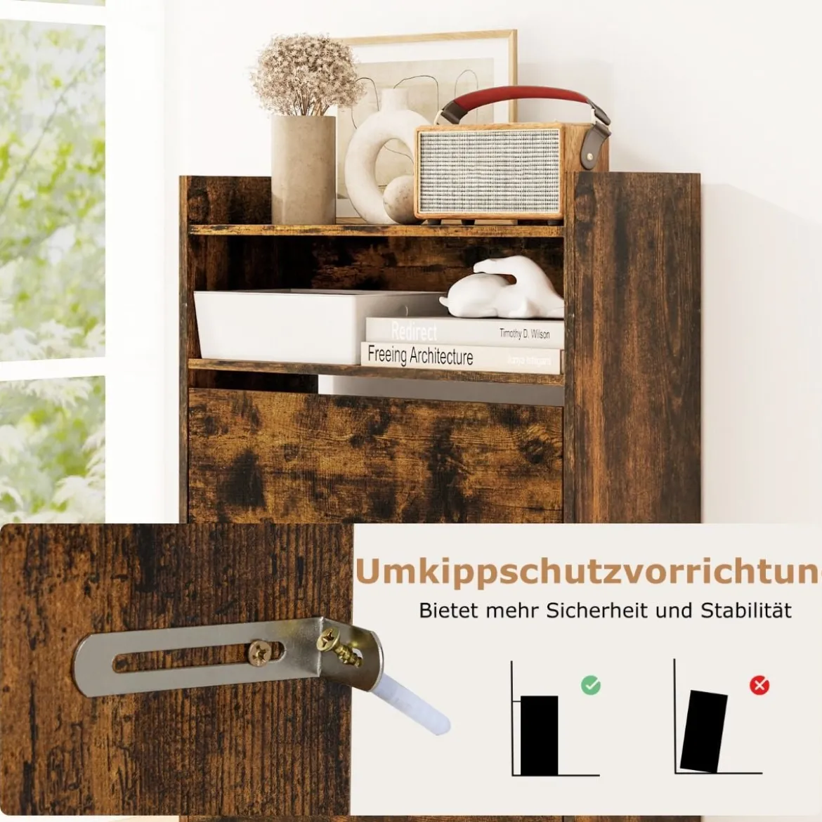 Schuhschrank mit 2 Klappfächern schlankes verstecktes Holz-Schuhregal Weiß/Rustikale Holzoptik