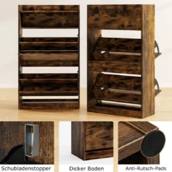 Schuhschrank mit 2 Klappfächern schlankes verstecktes Holz-Schuhregal Weiß/Rustikale Holzoptik