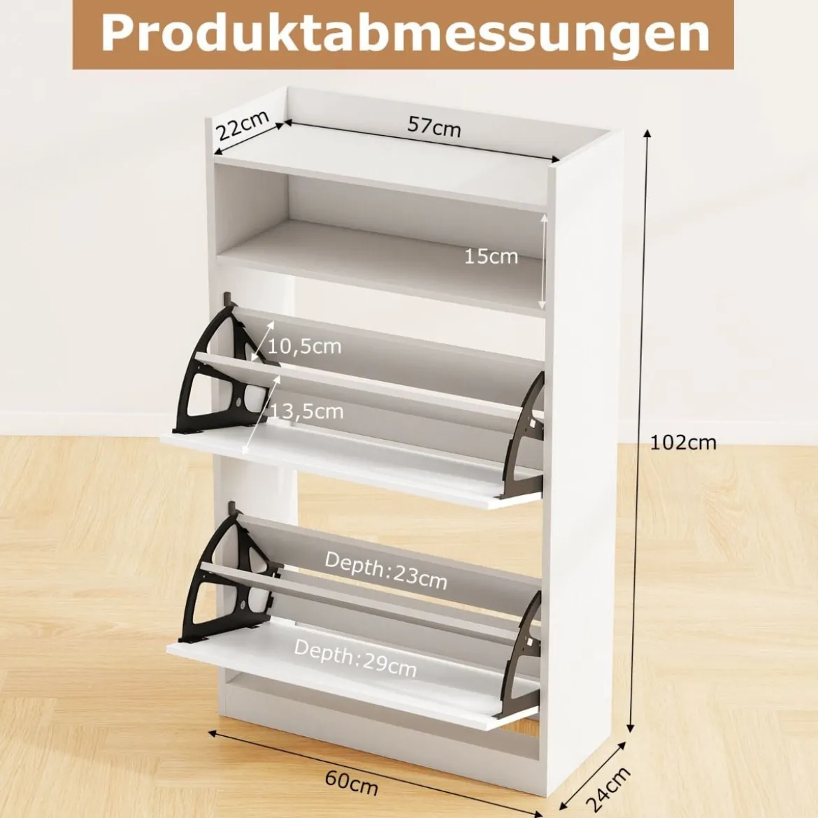 Schuhschrank mit 2 Klappfächern schlankes verstecktes Holz-Schuhregal Weiß/Rustikale Holzoptik