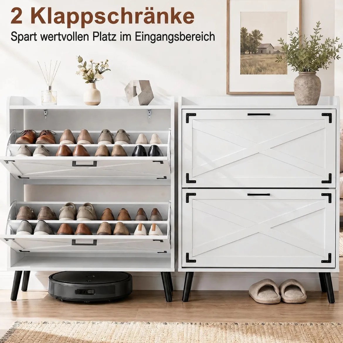 Schuhschrank mit 2 Klappschubladen Freistehendes Schuhregal 80 x 24 x 103 cm Weiß