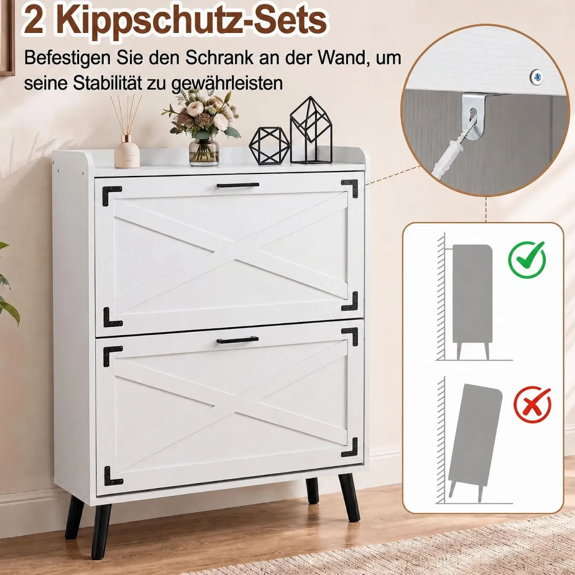Schuhschrank mit 2 Klappschubladen Freistehendes Schuhregal 80 x 24 x 103 cm Weiß