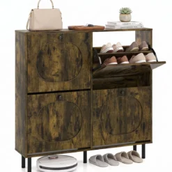 Schuhschrank Schuhkipper Schmal mit 4 Klappen & 5 Metallfüßen 100 x 24 x 98 cm Braun