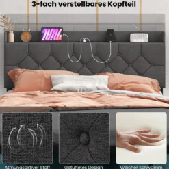 Schwebebettgestell mit LED-Lichtern modernes Plattformbett mit verstellbarem gepolstertem Kopfteil und Ladestation Grau