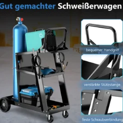 Schweißwagen mit 3 Ablageflächen Schweißmobil Wagen für Schweßgeräte Schweißgerätwagen mit Kippschutzketten Schwarz