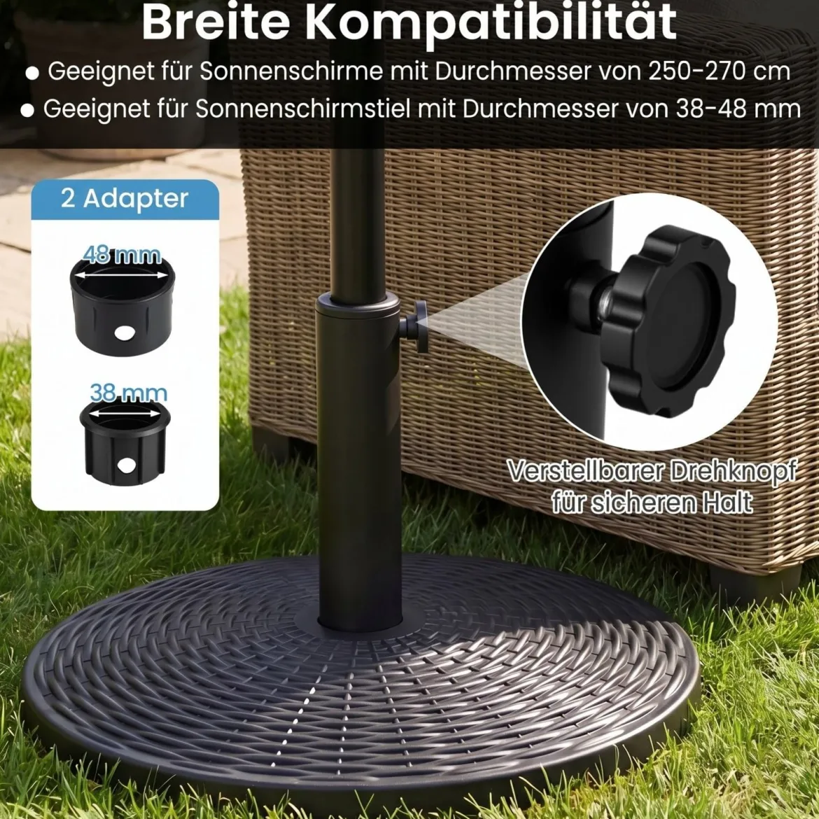 Schwerer Sonnenschirmständer Schirmständer in Rattanoptik mit 2 Adaptern für Schirmstöcke von 38/48 mm