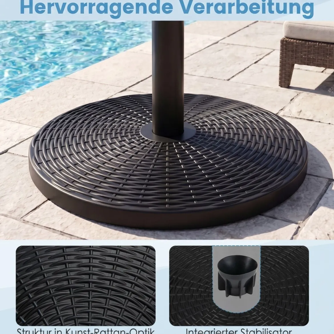 Schwerer Sonnenschirmständer Schirmständer in Rattanoptik mit 2 Adaptern für Schirmstöcke von 38/48 mm