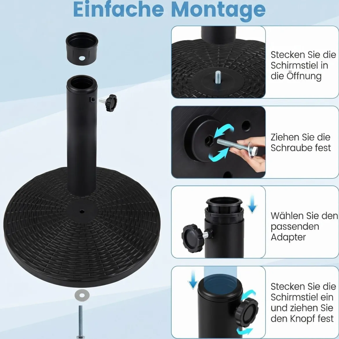 Schwerer Sonnenschirmständer Schirmständer in Rattanoptik mit 2 Adaptern für Schirmstöcke von 38/48 mm