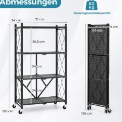 Schwerlastregal klappbar 4 Ebenen Standregal mit feststellbaren Rädern Schwarz 71 x 34 x 126 cm
