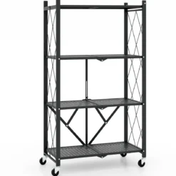Schwerlastregal klappbar 4 Ebenen Standregal mit feststellbaren Rädern Schwarz 71 x 34 x 126 cm