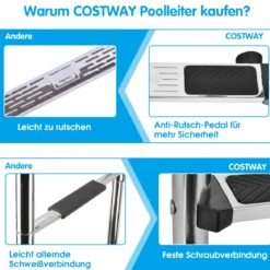 Schwimmbad-Leiter 2-stufige sichere Leiter mit rutschfesten Stufen Einstiegsleiter Schwimmbadleiter rutschfest Silber