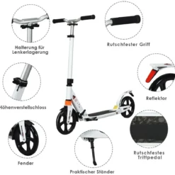 Scooter Roller klappbar Tretroller ABEC7-Lager 3 Höhen verstellbar City Scooter aus Aluminium Sport Kickscooter Kickroller Weiß