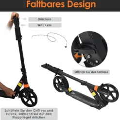 Scooter Roller klappbar Zusammenklappbarer Trittroller Tretroller ABEC7-Lager 3 Höhen verstellbar Sport Kickscooter Kickroller Schwarz