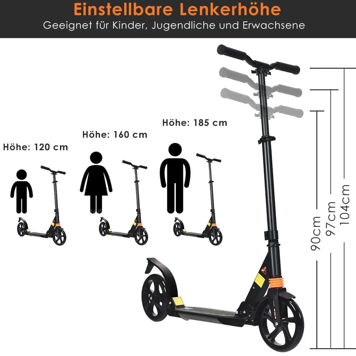 Scooter Roller klappbar Zusammenklappbarer Trittroller Tretroller ABEC7-Lager 3 Höhen verstellbar Sport Kickscooter Kickroller Schwarz