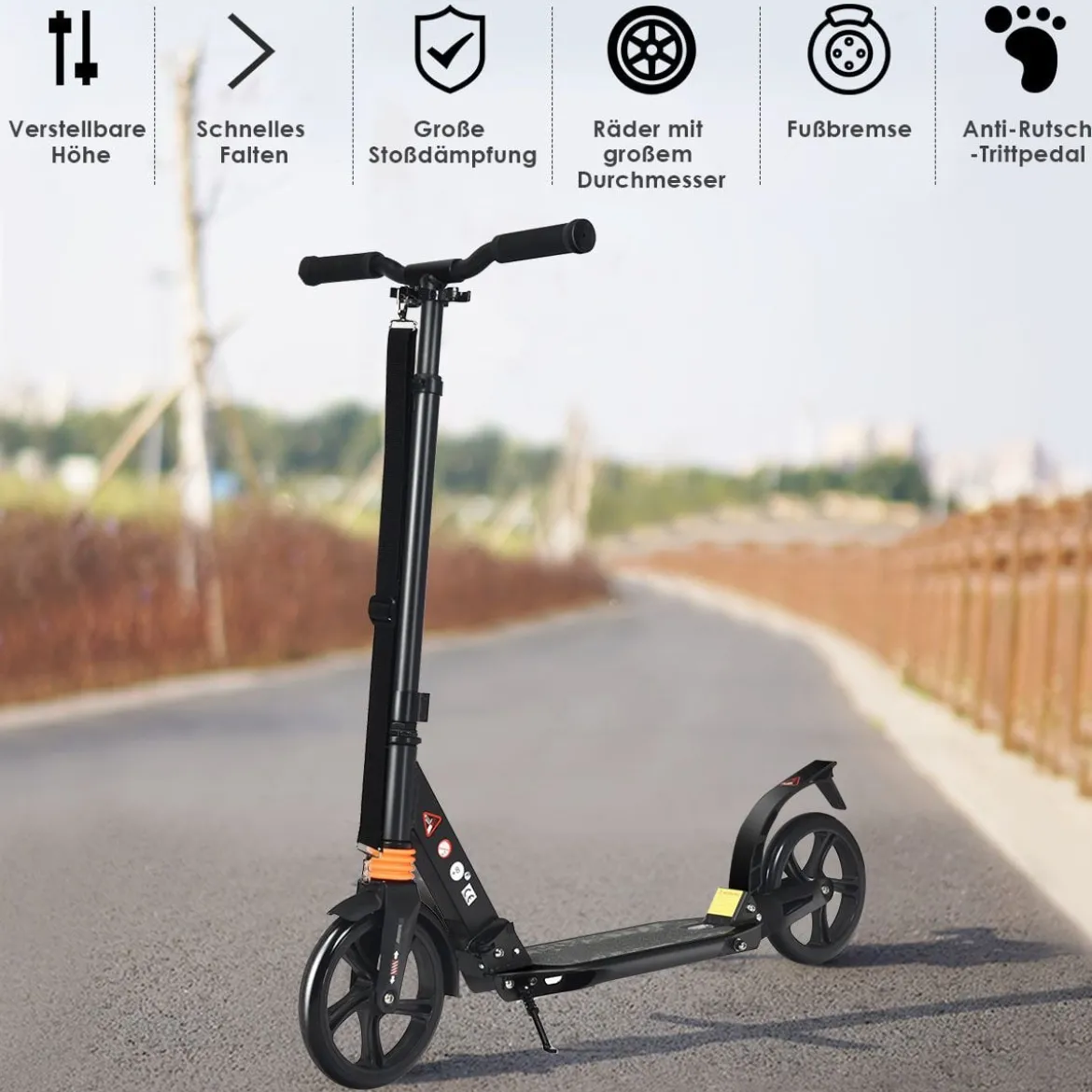 Scooter Roller klappbar Zusammenklappbarer Trittroller Tretroller ABEC7-Lager 3 Höhen verstellbar Sport Kickscooter Kickroller Schwarz