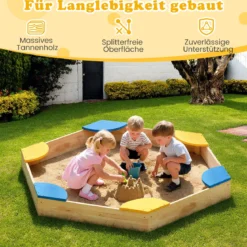 Sechseckiger Sandkasten aus Holz offener Sandkisten mit Pflanzkasten-Kombination 140 x 122 x 14 cm