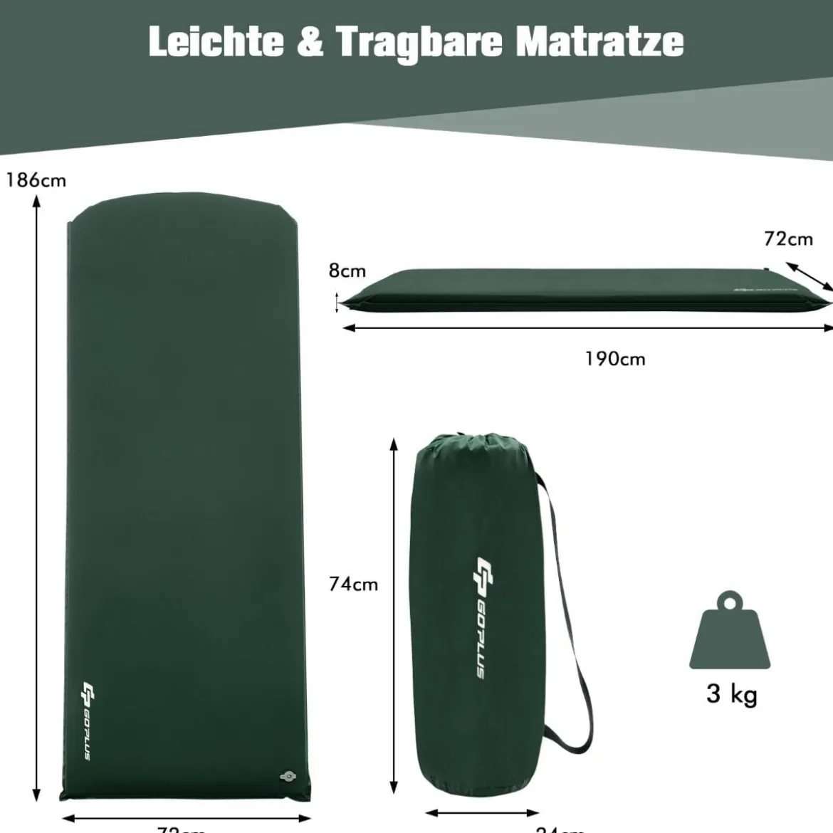 Selbstaufblasende Isomatte 7,6 cm Dicke Campingmatratze mit Eingebautem Ventil Grün