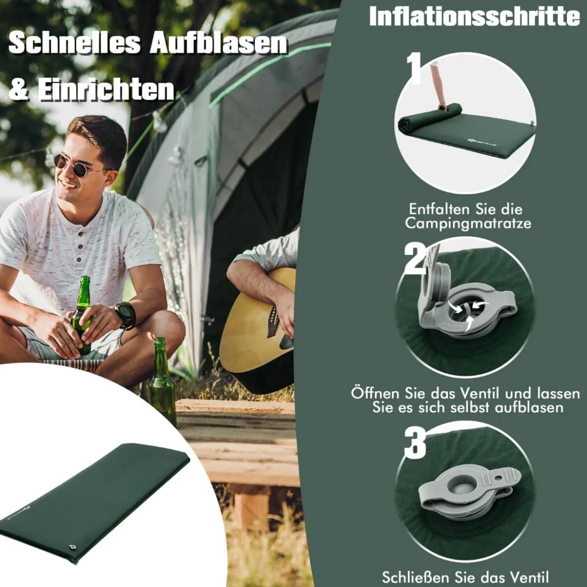 Selbstaufblasende Isomatte 7,6 cm Dicke Campingmatratze mit Eingebautem Ventil Grün