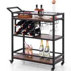 Servierwagen mit Rollen 3-stöckiger Küchenwagen mit Weinregal & Glashalter Braun