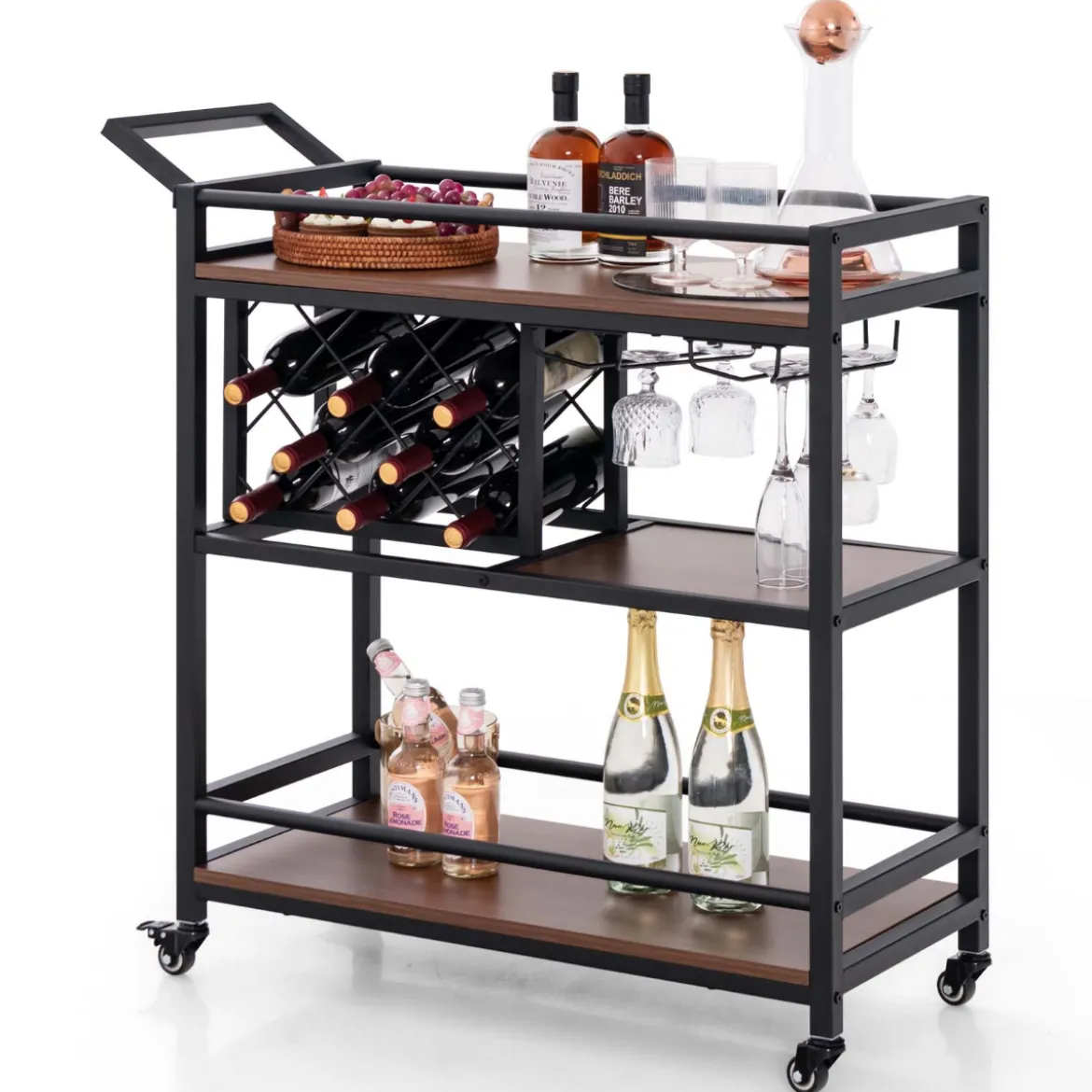 Servierwagen mit Rollen 3-stöckiger Küchenwagen mit Weinregal & Glashalter Braun