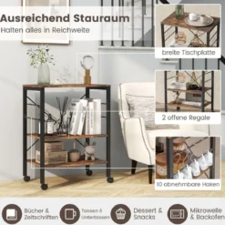 Servierwagen mit Rollen & Verstellbaren Ablagen & 10 Haken 3 Ebenen Küchenwagen Braun + Schwarz