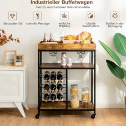 Servierwagen mit Rollen & Weinregal & Weinglashalter Küchenwagen Rustikales Braun