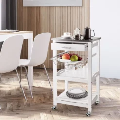 Servierwagen Rollende Kücheninsel mit Arbeitsplatte 47 x 39 x 85 cm Weiß