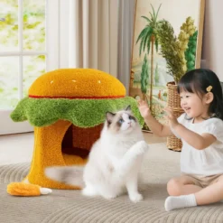 Süßes Katzenbett hamburgerförmiges Katzenhaus mit gepolstertem oberen Sitzplatz hängendem Plüschspielzeug Orange