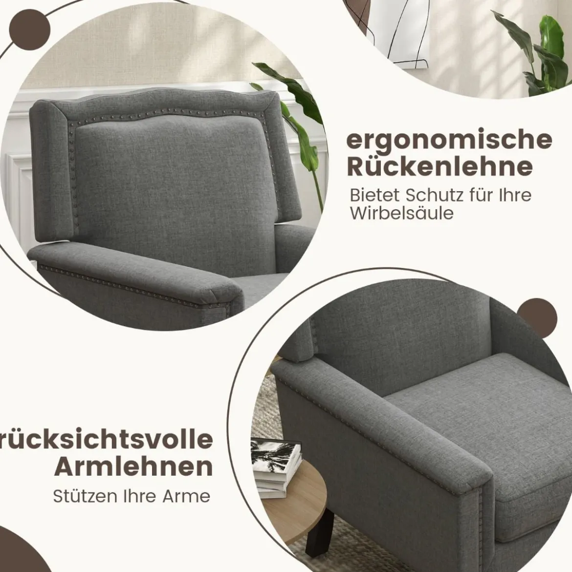 Sessel Lesesessel mit Dicker Polsterung Beinen aus massivem Gummiholz 74 x 78 x 90 cm Grau