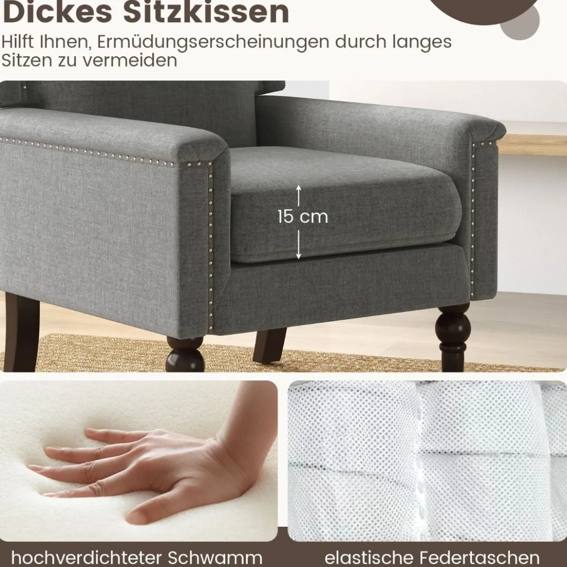 Sessel Lesesessel mit Dicker Polsterung Beinen aus massivem Gummiholz 74 x 78 x 90 cm Grau