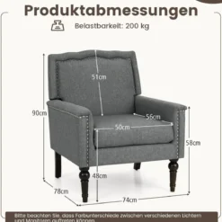 Sessel Lesesessel mit Dicker Polsterung Beinen aus massivem Gummiholz 74 x 78 x 90 cm Grau