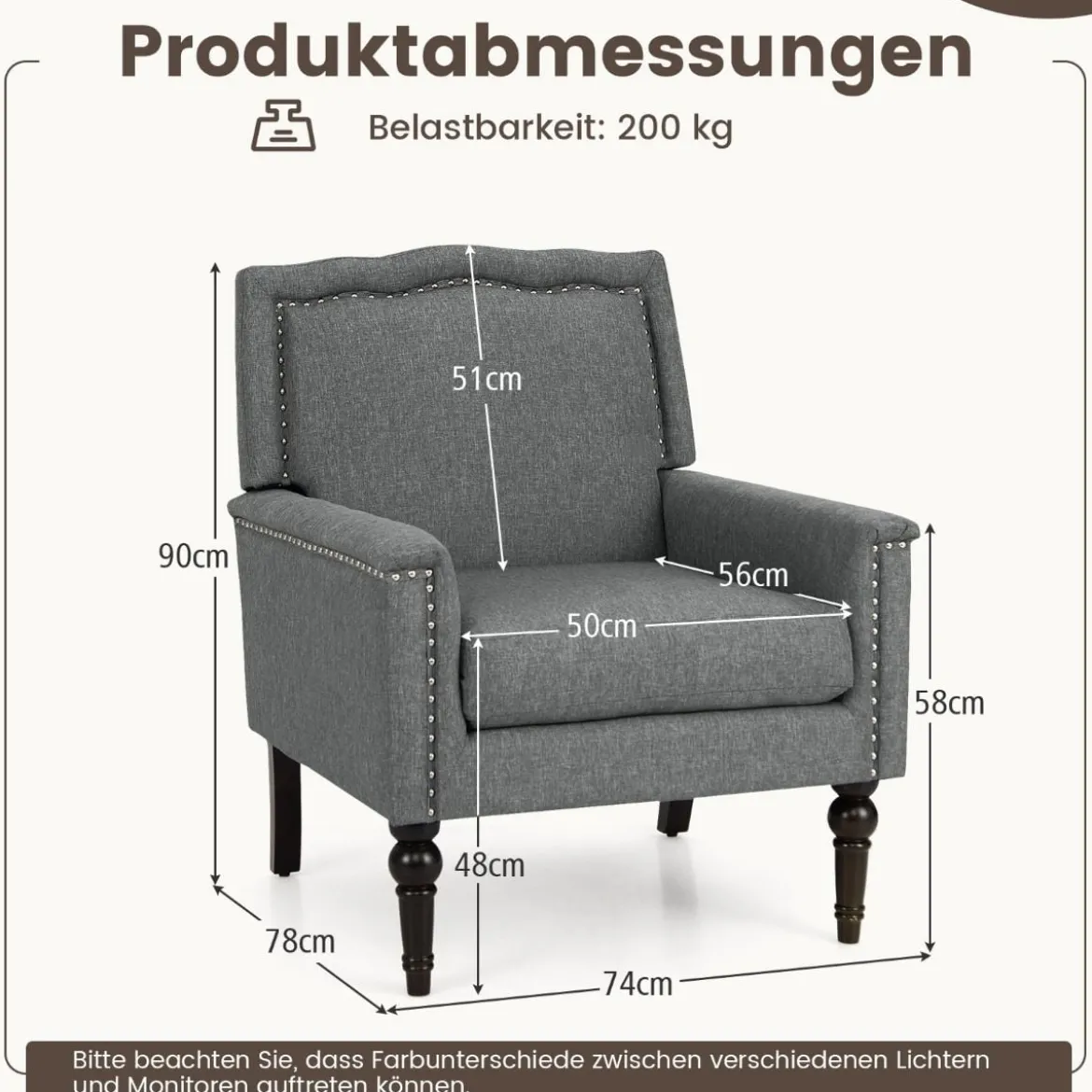 Sessel Lesesessel mit Dicker Polsterung Beinen aus massivem Gummiholz 74 x 78 x 90 cm Grau