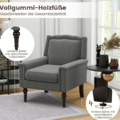 Sessel Lesesessel mit Dicker Polsterung Beinen aus massivem Gummiholz 74 x 78 x 90 cm Grau