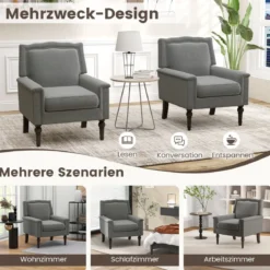 Sessel Lesesessel mit Dicker Polsterung Beinen aus massivem Gummiholz 74 x 78 x 90 cm Grau