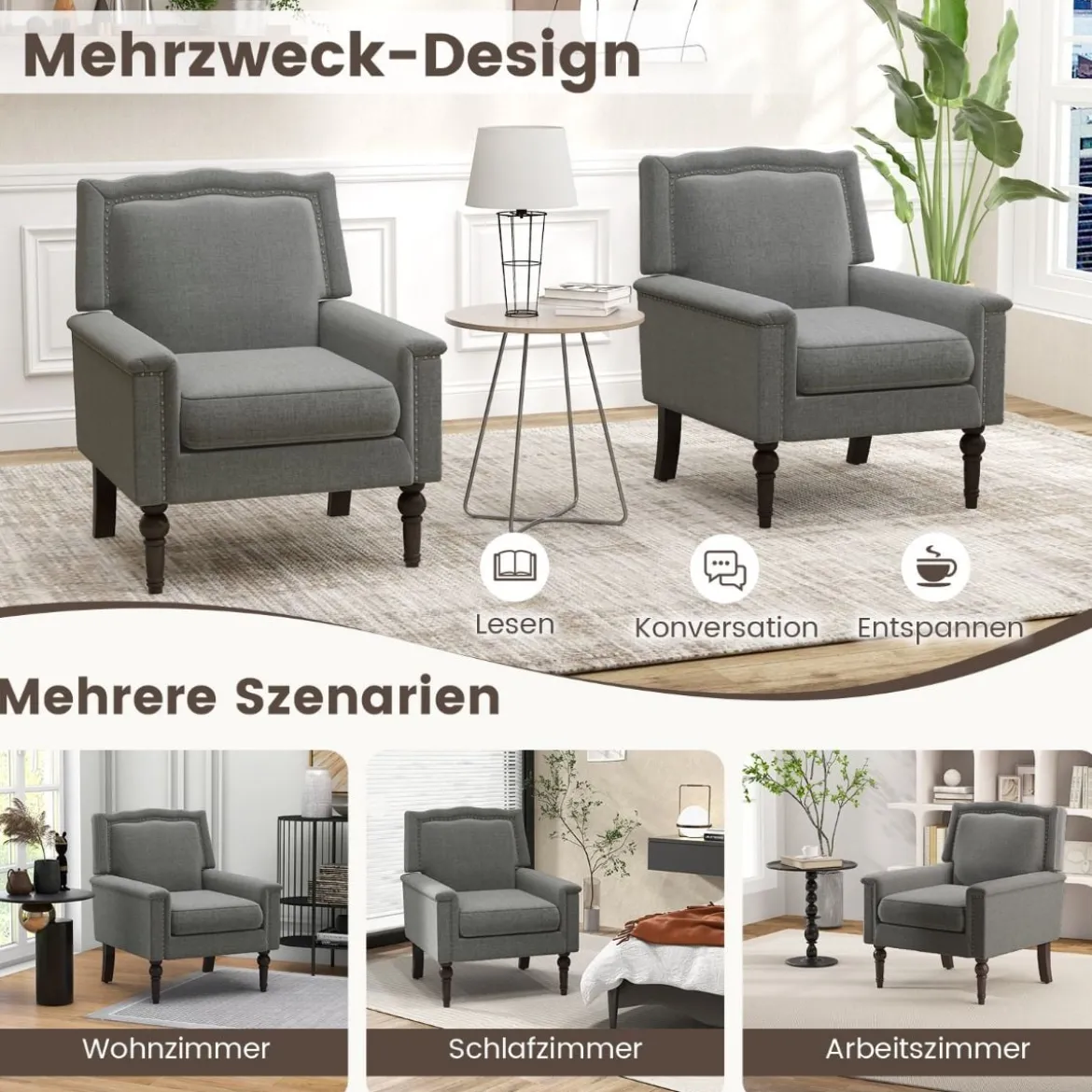 Sessel Lesesessel mit Dicker Polsterung Beinen aus massivem Gummiholz 74 x 78 x 90 cm Grau
