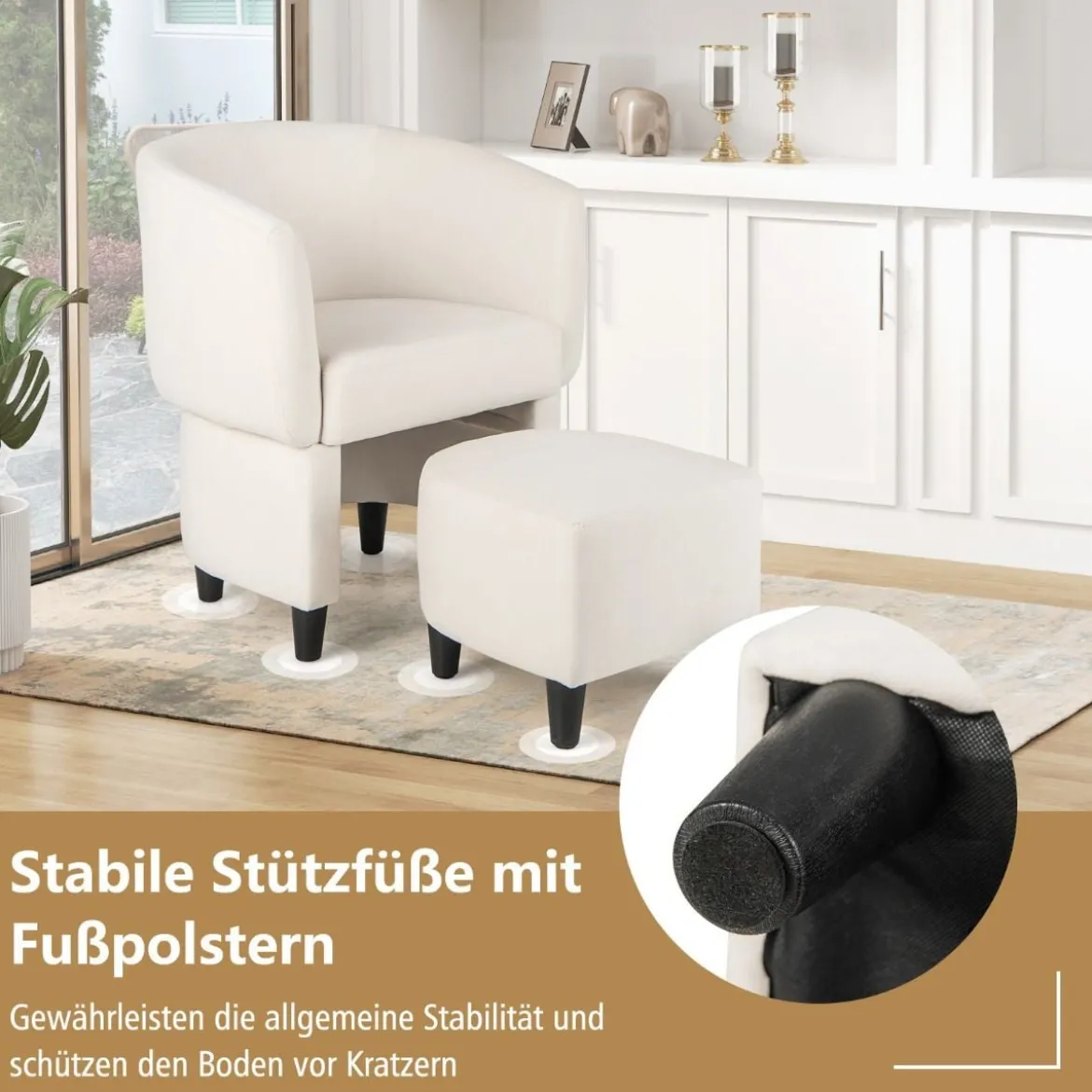 Sessel mit Fußhocker Gepolsterter Samtsessel Clubsessel Massivholz Beige