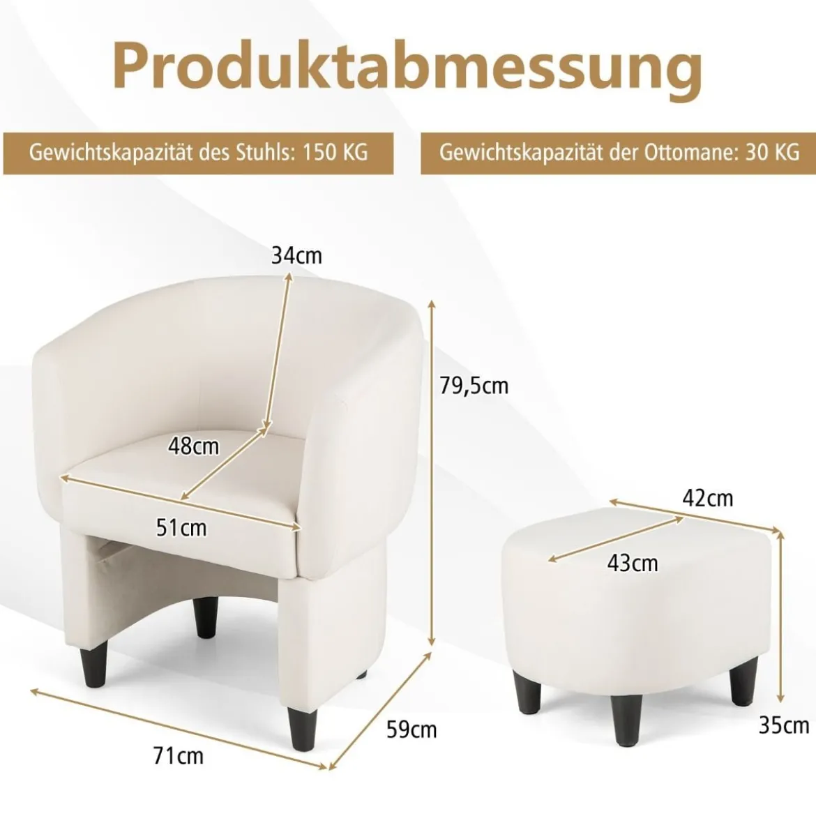 Sessel mit Fußhocker Gepolsterter Samtsessel Clubsessel Massivholz Beige