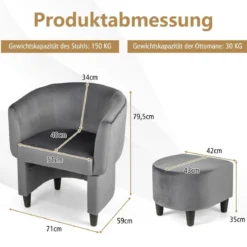 Sessel mit Fußhocker Gepolsterter Samtsessel Clubsessel Massivholz Grau