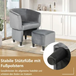 Sessel mit Fußhocker Gepolsterter Samtsessel Clubsessel Massivholz Grau