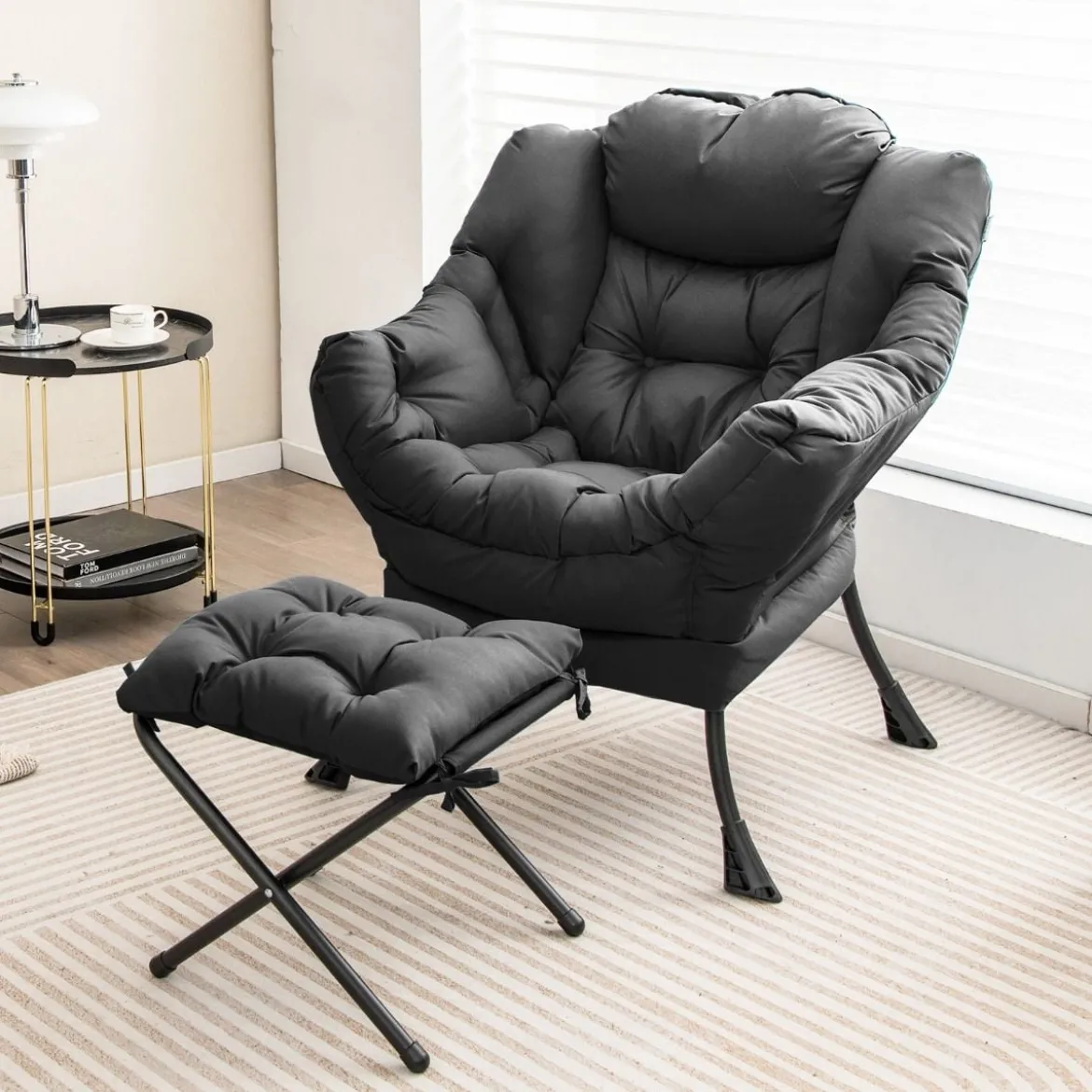 Sessel mit Hocker & Armlehnen & Seitentasche & Fußstütze Relaxsessel Ohrensessel