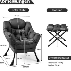 Sessel mit Hocker & Armlehnen & Seitentasche & Fußstütze Relaxsessel Ohrensessel