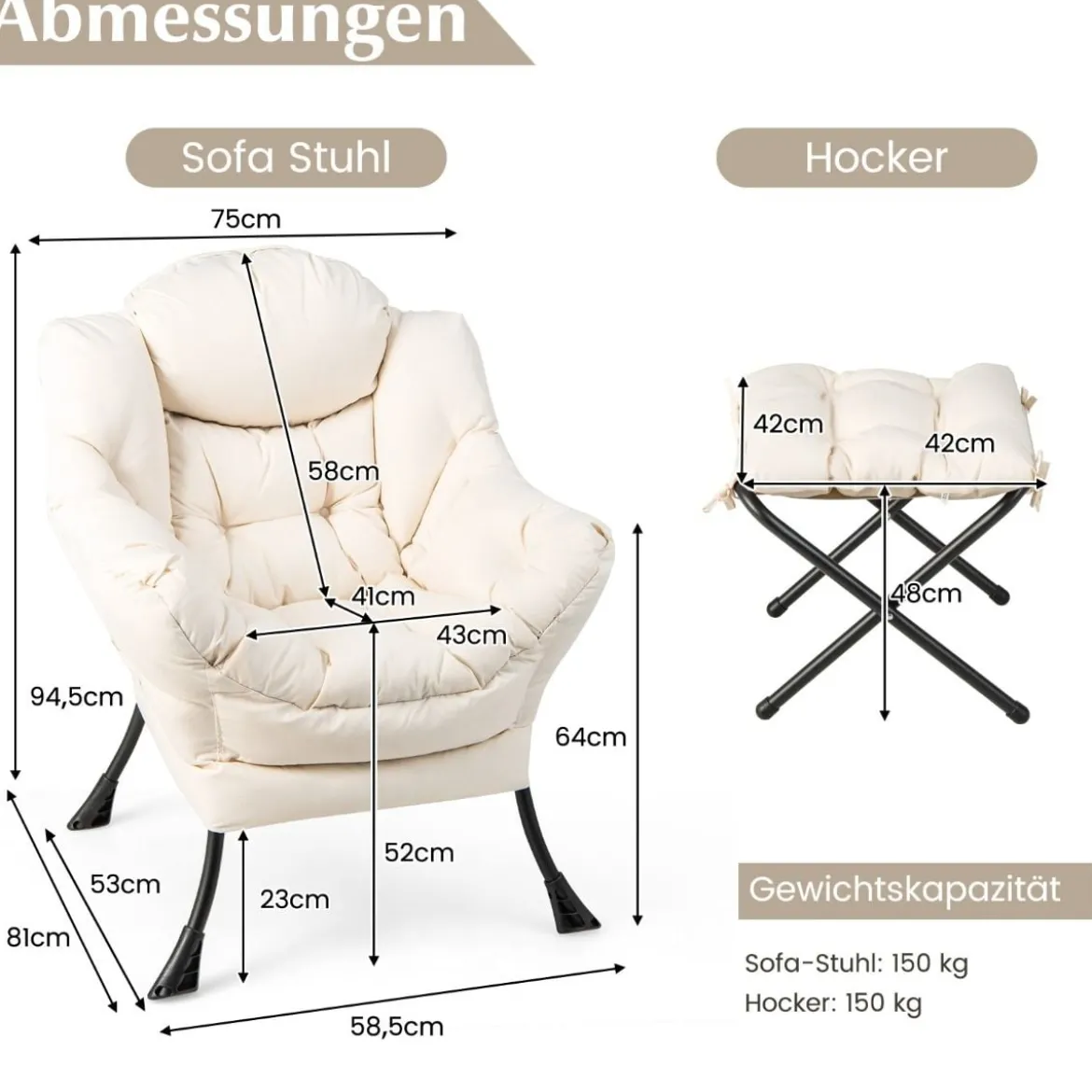 Sessel mit Hocker & Armlehnen & Seitentasche & Fußstütze Relaxsessel Ohrensessel