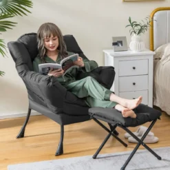 Sessel mit Hocker & Armlehnen & Seitentasche & Fußstütze Relaxsessel Ohrensessel